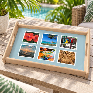 Modern Light Blue Six Square Photo Collage Serving Tray