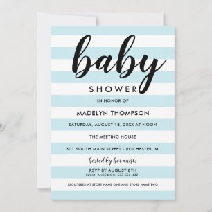 Modern Light Blue Stripe Script Baby Boy Shower Invitation