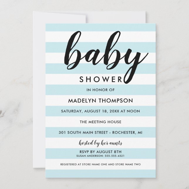 Modern Light Blue Stripe Script Baby Boy Shower Invitation (Front)