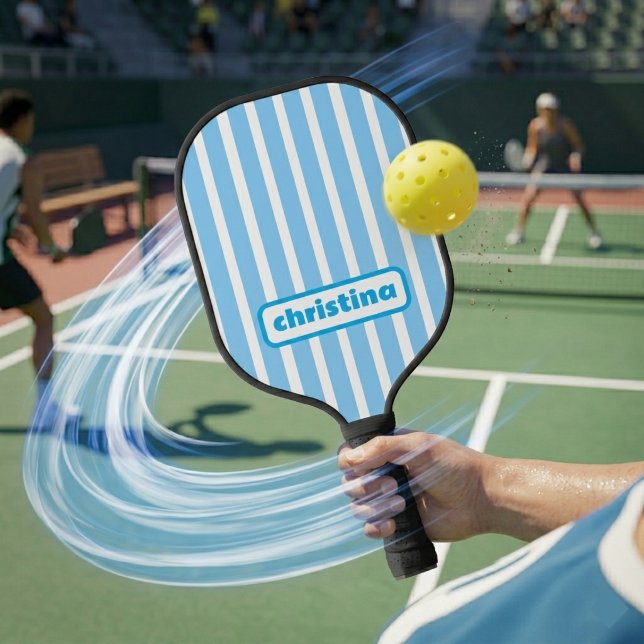 Modern Light Blue Striped Custom Name Carbon Fiber Pickleball Paddle (Creator Uploaded)