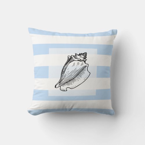 Modern light Blue Stripes sea shell beach Throw Pillow