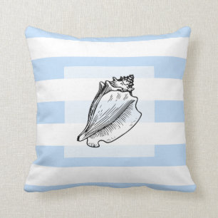 Modern light Blue Stripes sea shell beach Throw Pillow