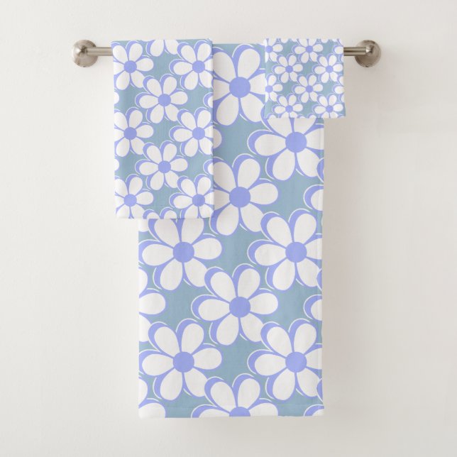 Modern Light Blue & White Flowers Bath Towel Set (Insitu)