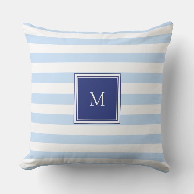 Modern light blue  white stripes pattern monogram outdoor pillow (Front)