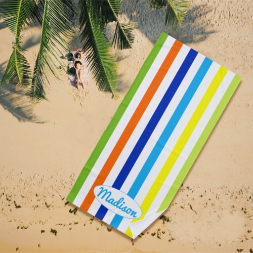 Modern Light Blue Yellow Green Orange Stripes Beach Towel