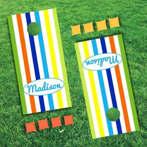 Modern Light Blue Yellow Green Orange Stripes Cornhole Set