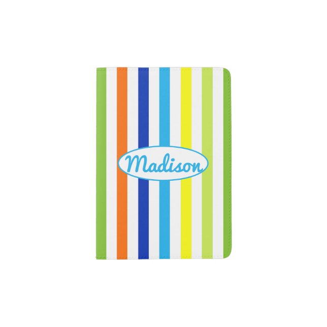 Modern Light Blue Yellow Green Orange Stripes Name Passport Holder (Front)