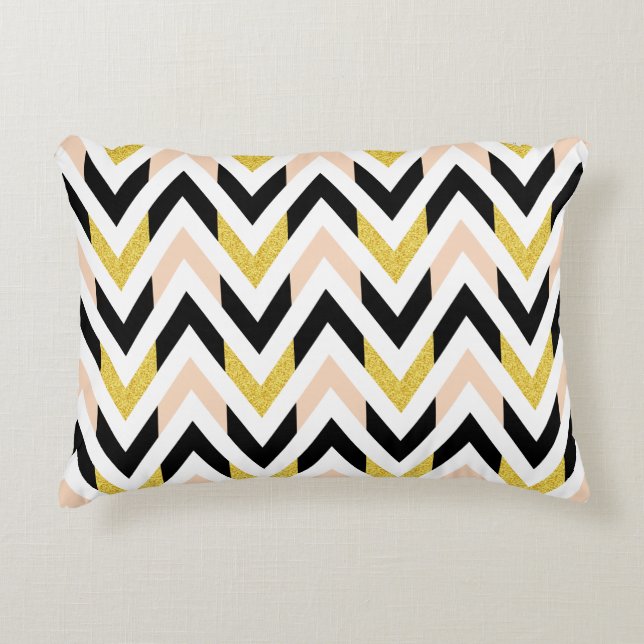 Modern Light Coral, Gold, Black, White Chevron Decorative Pillow (Front)