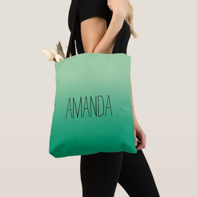 Modern Light Dark Green Gradient Handwritten Name Tote Bag (Close Up)