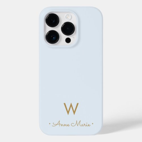 Modern Light Dusty Blue Gold Script Monogram Case_Mate iPhone 14 Pro Case