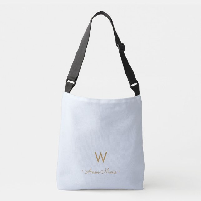 Modern Light Dusty Blue Gold Script Monogram Crossbody Bag (Front)