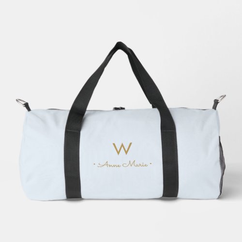 Modern Light Dusty Blue Gold Script Monogram Duffle Bag