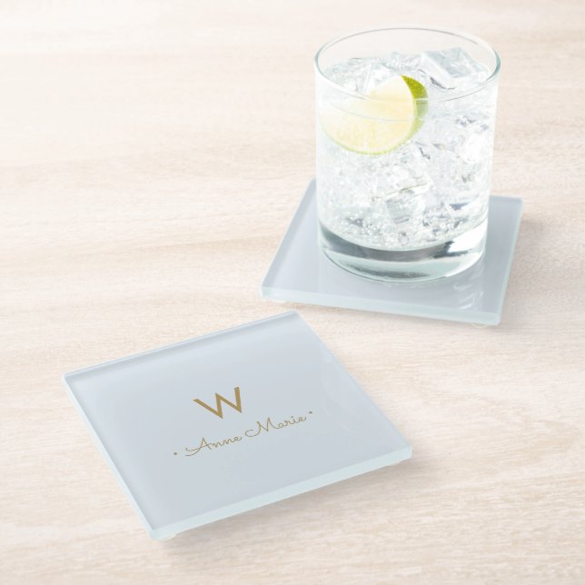 Modern Light Dusty Blue Gold Script Monogram Glass Coaster (Angled)