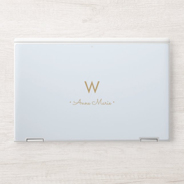Modern Light Dusty Blue Gold Script Monogram HP Laptop Skin (Front)
