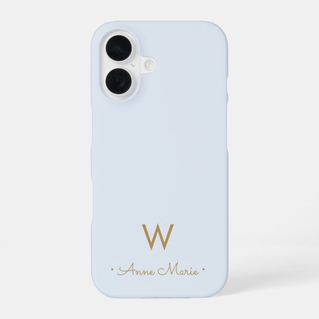 Modern Light Dusty Blue Gold Script Monogram iPhone Case (Back)