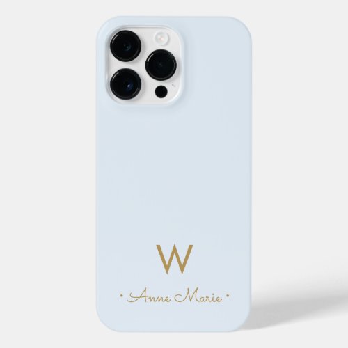 Modern Light Dusty Blue Gold Script Monogram iPhone 14 Pro Max Case