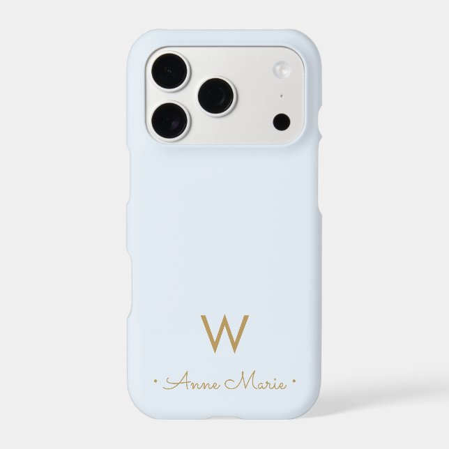 Modern Light Dusty Blue Gold Script Monogram Iphone Case (Back)