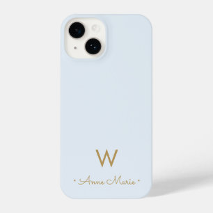 Modern Light Dusty Blue Gold Script Monogram iPhone 14 Case