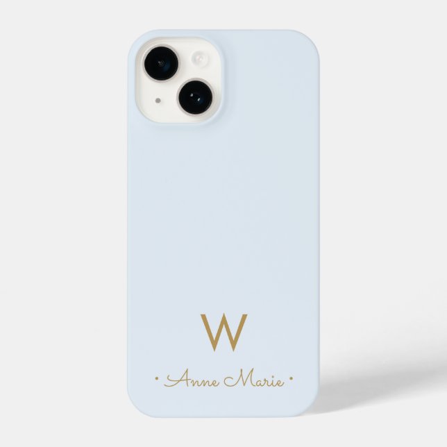 Modern Light Dusty Blue Gold Script Monogram iPhone Case (Back)