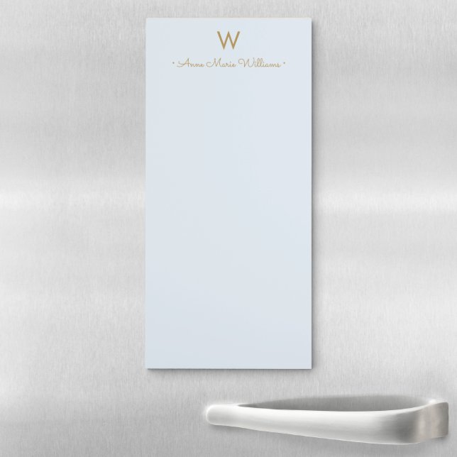 Modern Light Dusty Blue Gold Script Monogram Magnetic Notepad (In Situ)