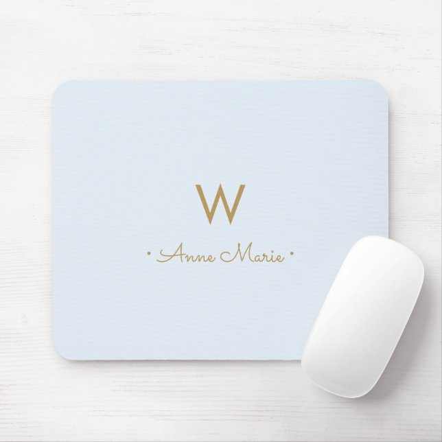 Modern Light Dusty Blue Gold Script Monogram Mouse Pad (With Mouse)