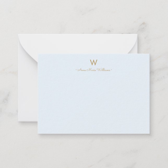 Modern Light Dusty Blue Gold Script Monogram Note Card (Front)