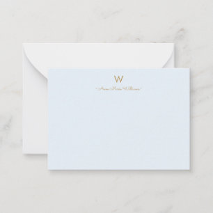 Modern Light Dusty Blue Gold Script Monogram Note Card