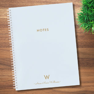 Modern Light Dusty Blue Gold Script Monogram Notebook