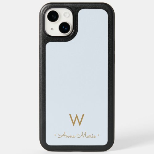 Modern Light Dusty Blue Gold Script Monogram OtterBox iPhone 14 Plus Case