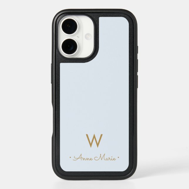 Modern Light Dusty Blue Gold Script Monogram Otterbox iPhone Case (Back)