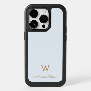 Modern Light Dusty Blue Gold Script Monogram OtterBox iPhone 14 Pro Case