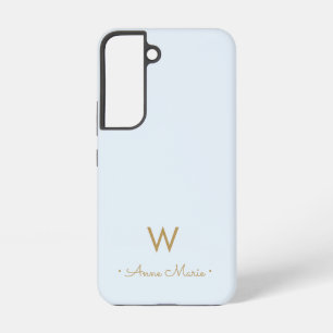Modern Light Dusty Blue Gold Script Monogram Samsung Galaxy S22 Case