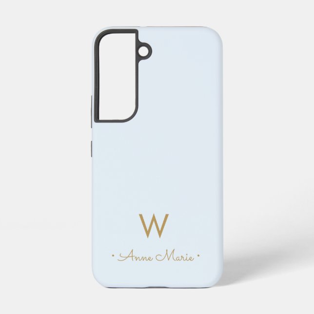 Modern Light Dusty Blue Gold Script Monogram Samsung Galaxy Case (Back)