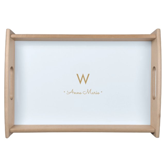 Modern Light Dusty Blue Gold Script Monogram Serving Tray (Front)