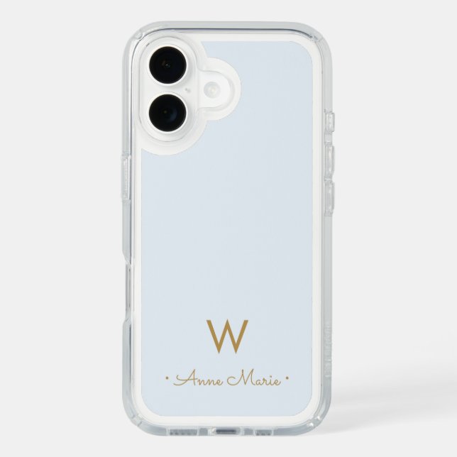 Modern Light Dusty Blue Gold Script Monogram Speck iPhone Case (Front)