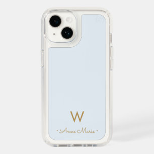 Modern Light Dusty Blue Gold Script Monogram Speck iPhone 14 Case