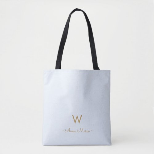 Modern Light Dusty Blue Gold Script Monogram Tote Bag