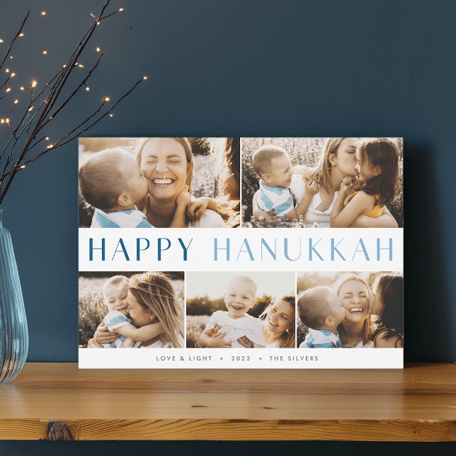 Modern Light | Elegant Hanukkah 5 Photo Collage Holiday Card (Creator Uploaded)