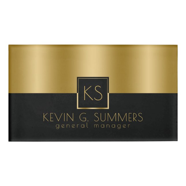 Modern Light Gold & Black Geometric Design Name Tag (Front)
