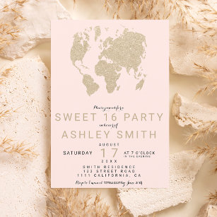 Modern light gold blush pink world map Sweet 16 Invitation