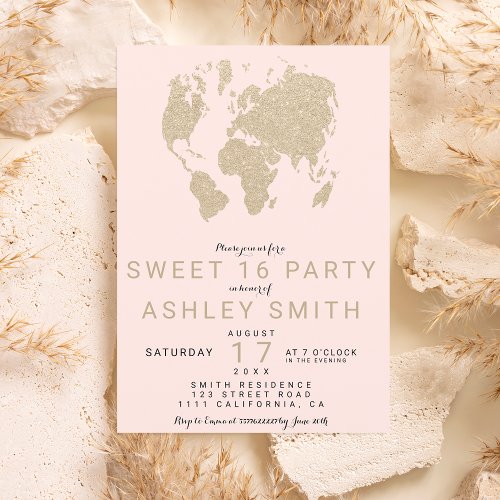 Modern light gold blush pink world map Sweet 16 Invitation