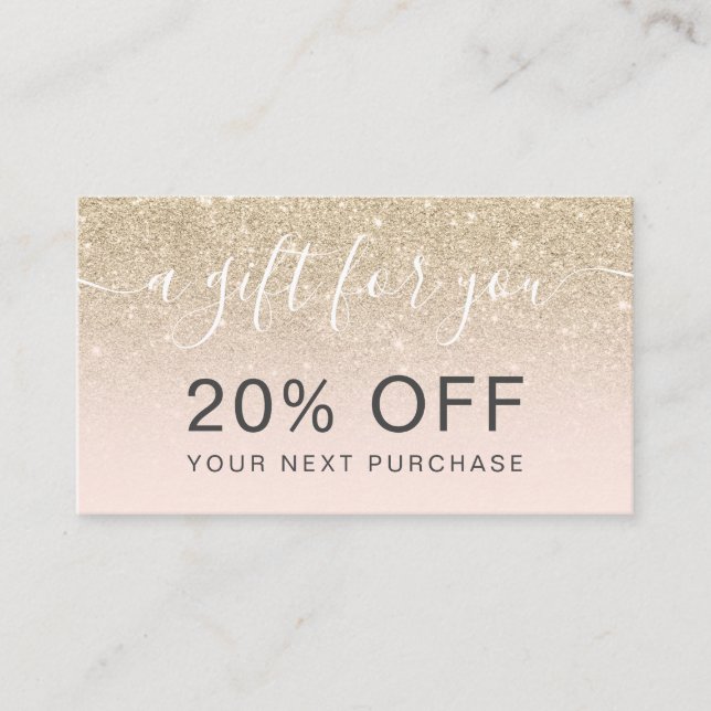 Modern light gold glitter blush ombre professional discount card (Front)