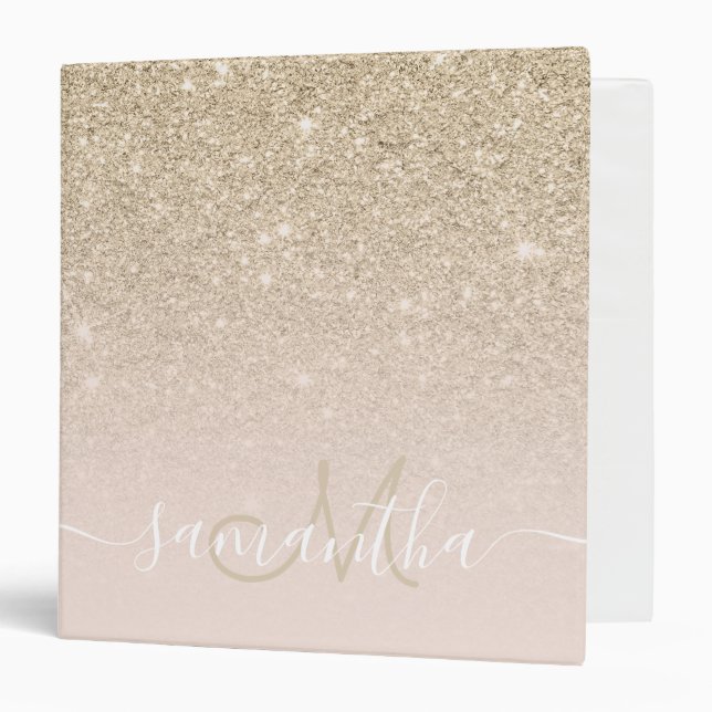 Modern  light gold glitter ombre blush monogram 3 ring binder (Front/Inside)