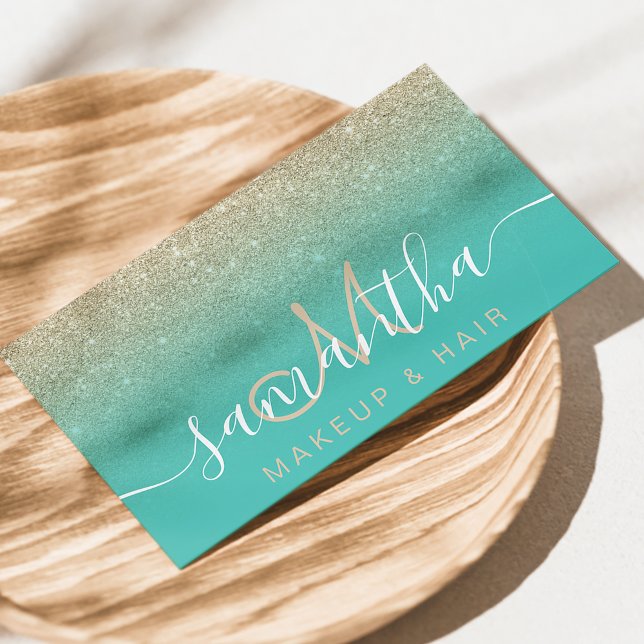 Modern light gold glitter ombre teal makeup hair business card (Creator Uploaded)