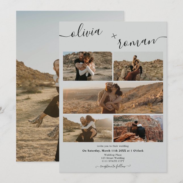 Modern light gray 6 photos grid collage wedding invitation (Front/Back)