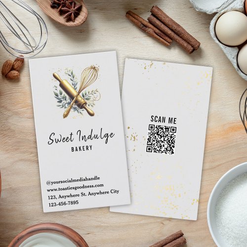 Modern Light Gray and Gold Baking Utensils Bakery Business Card