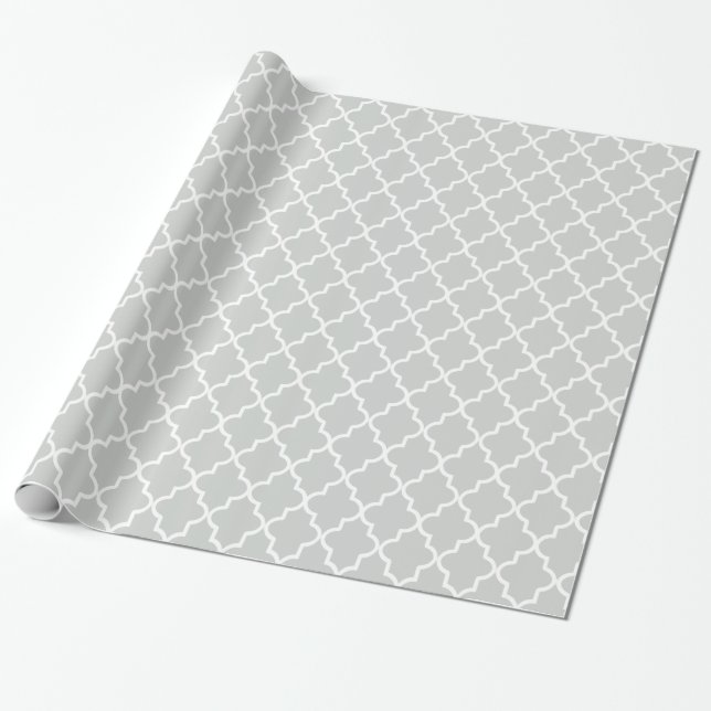 Modern Light Gray and White Moroccan Quatrefoil Wrapping Paper (Unrolled)