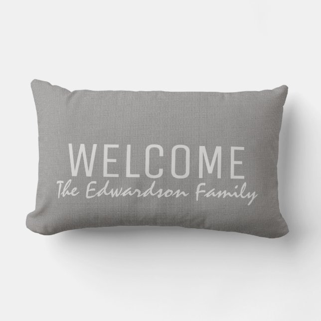 Modern light gray burlap Welcome Family monogram Lumbar Pillow (Front)