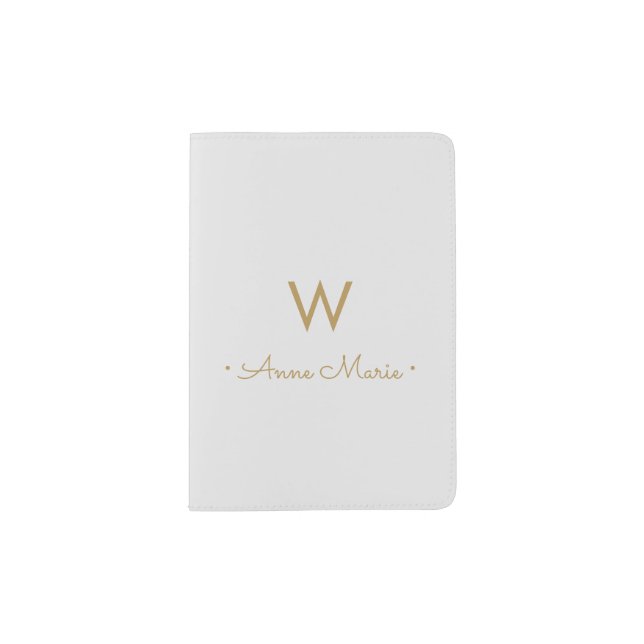 Modern Light Gray Gold Minimalist Monogram Passport Holder (Front)