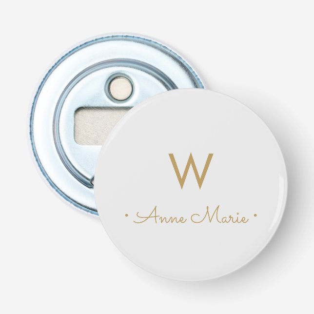 Modern Light Gray Gold Script Monogram Bottle Opener (Front)